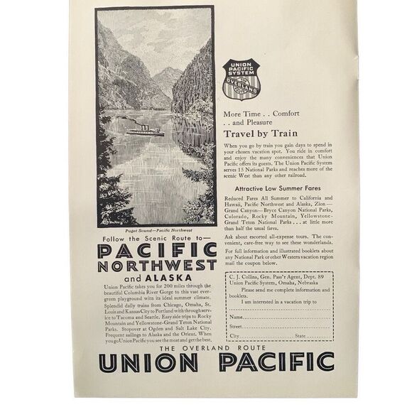 Vintage 1930 Union Pacific Scenic Route to Alaska Ad Advertisment - Picture 2 of 4
